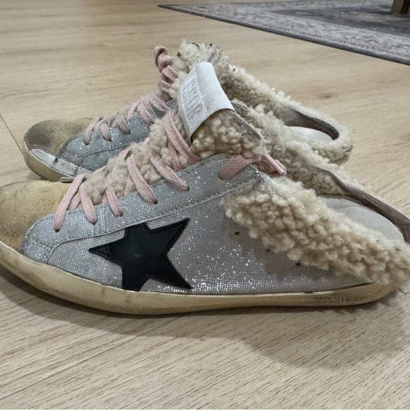 Golden goose shearling sabot slides size 40 glittery silver - Picture 1 of 6